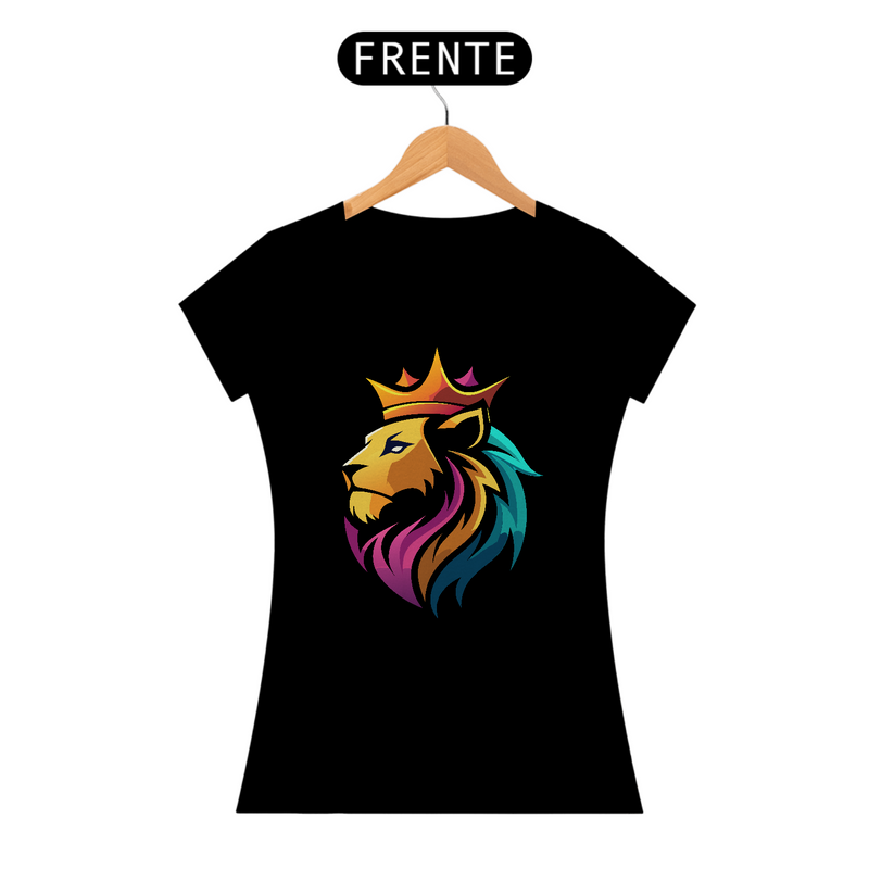 Camiseta Feminina Baby Long Quality Preto - Leão com Coroa
